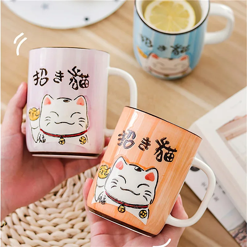 

Ceramic Water Cup Lucky Cat Japanese Cartoon Large Mug 400ML Green Handle Water Ware Hand Paint Kitchen Drinkware Coffee Tea Cup