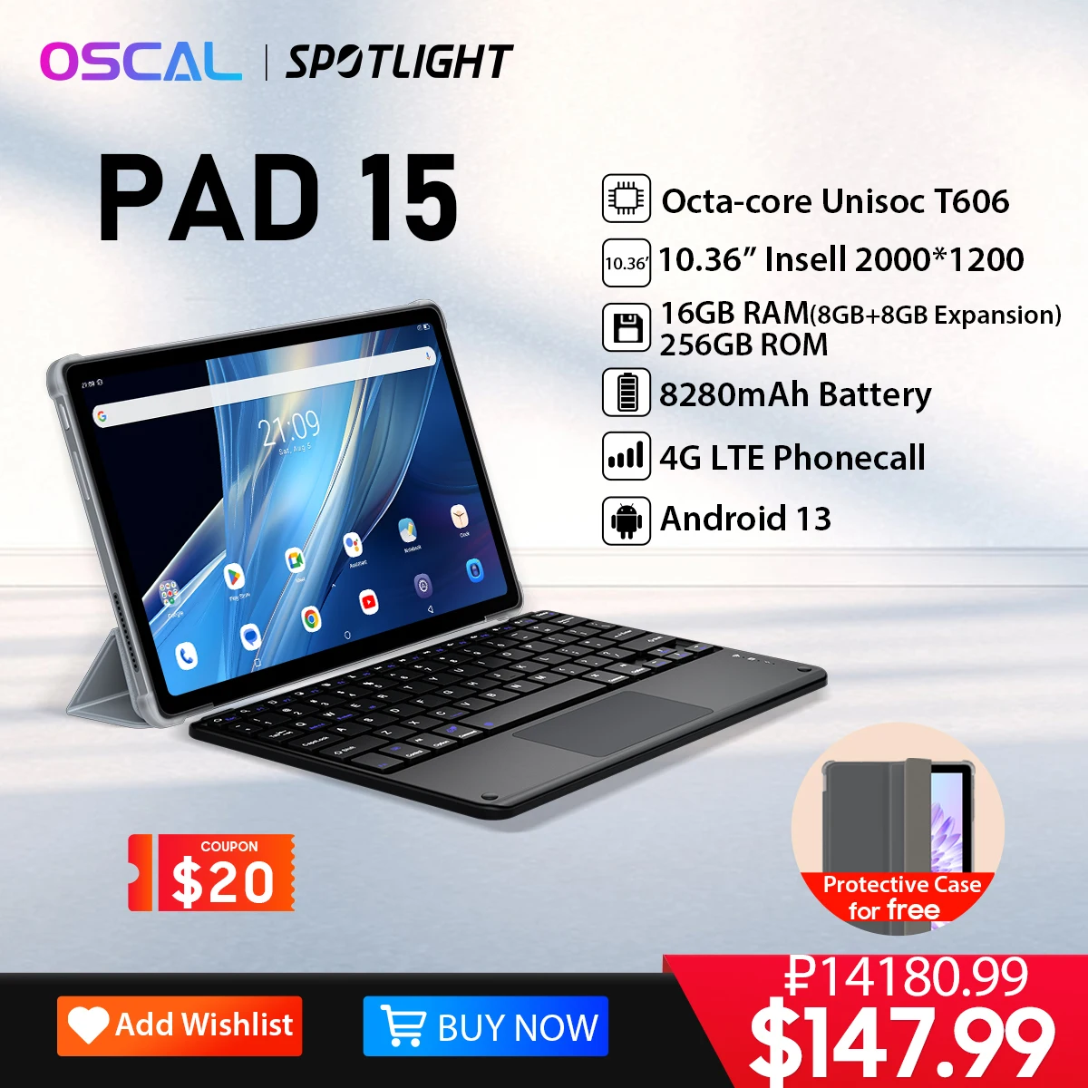  [World Premiere] OSCAL Pad 15 Tablet Android 13 10.36inch 2K Display T606 Octa Core 16GB 256GB Tablet 8280mAh With 33W 4G LTE PC 