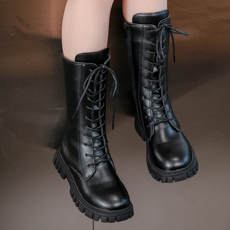 

Kids Girls Mid-calf Boots Black Narrow Band Non-slip 2023 Solid Color Princess Catwalk Shoes Children Versatile Free Shipping