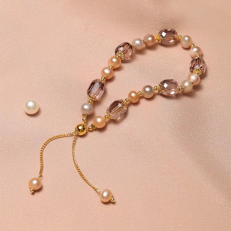 Imitation Pearl Bracelets Elegant Pink Imitation Pearl Bracelets Exquisite Purple Crystal Beaded Adjustable Bracelets Bangle Female Wristband Accessories