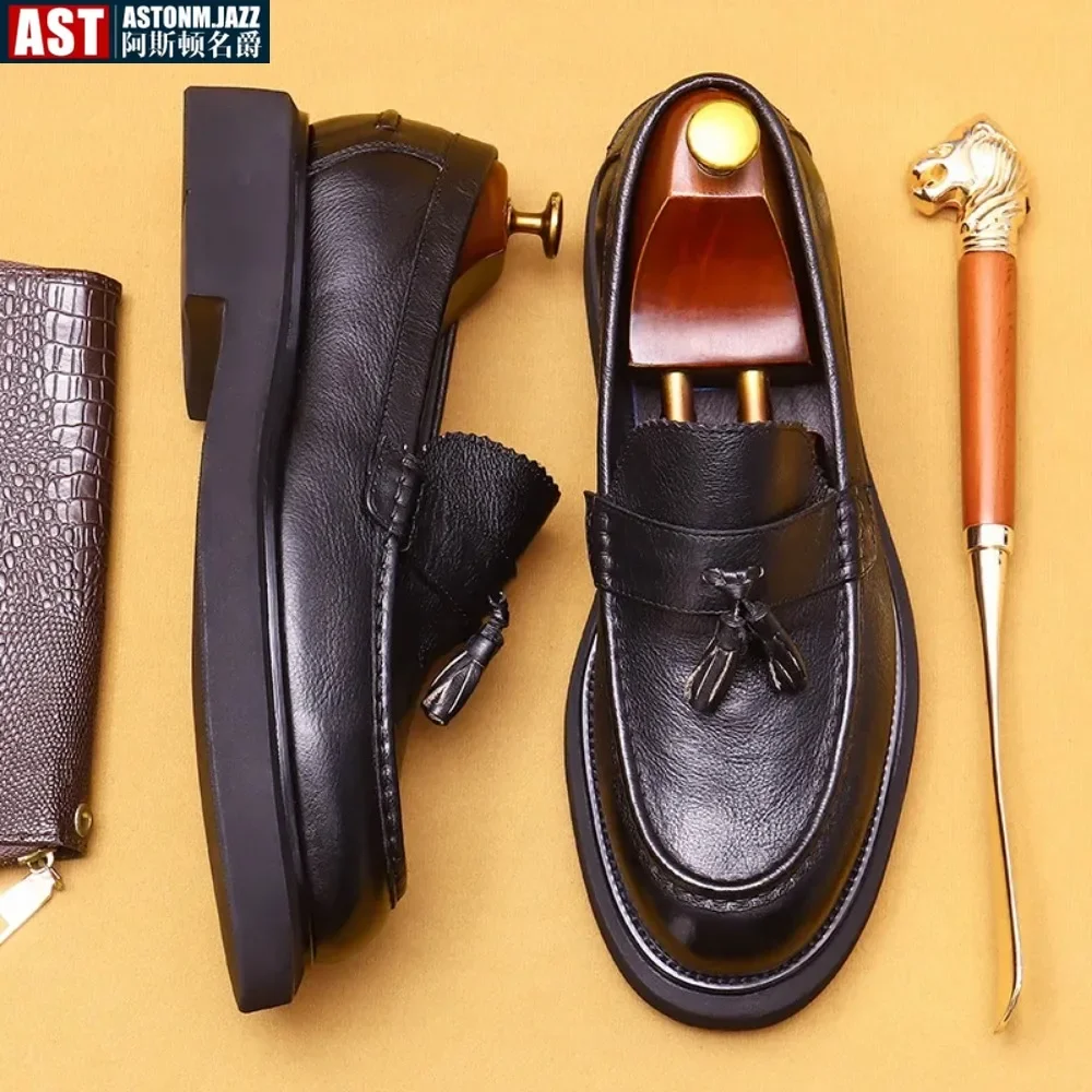 Soft Leather Elegant Mens Dress Loafers Shoes Platform Luxury Genuine Leather Summer New Black Wedding Social Formal Shoes Man