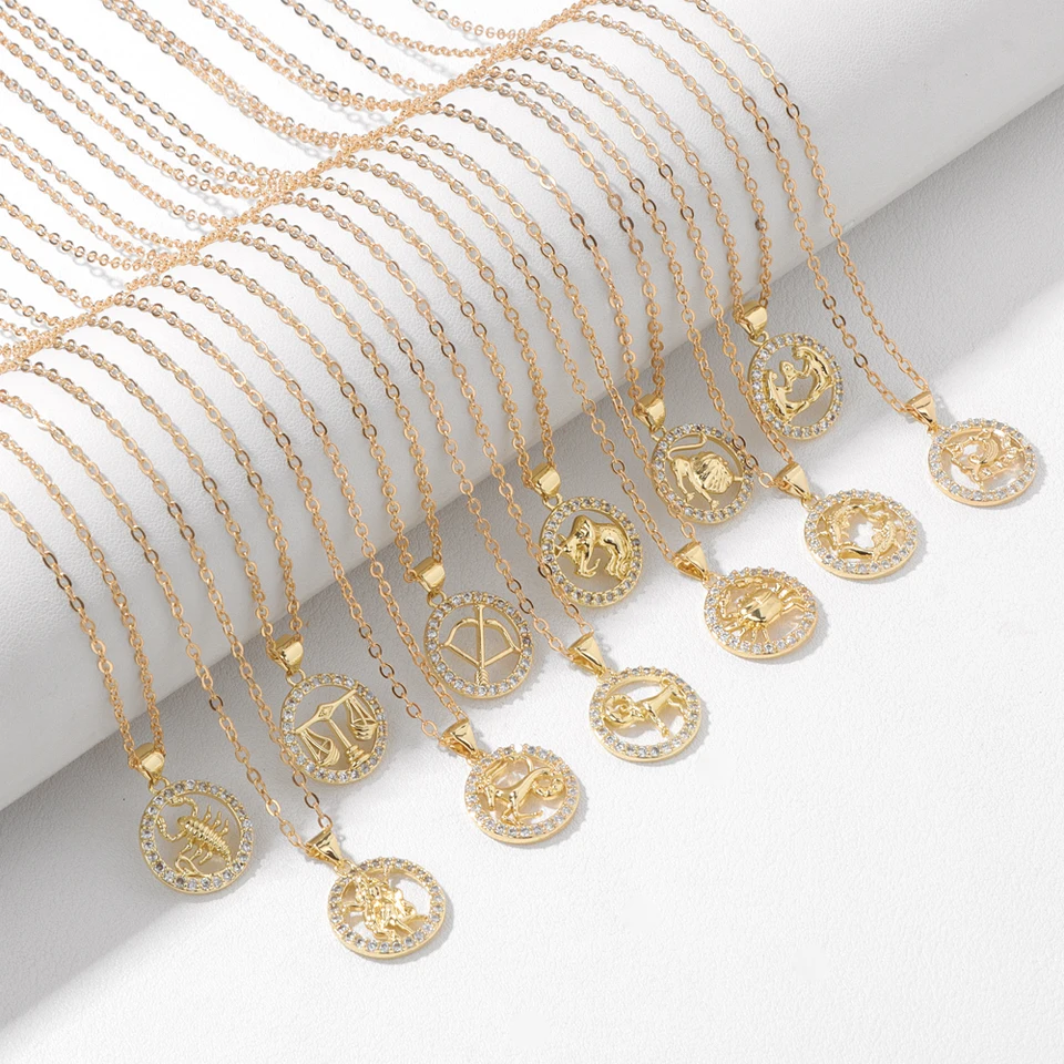 12 Constellation Zodiac Necklace Gold Round Disc Coin Pendant