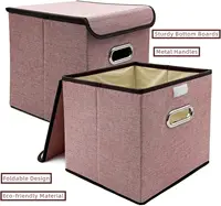 2Pcs Collapsible Storage Bins with Lid 25*25cm Linen Fabric Storage Baskets Washable Decorative Storage Box 2