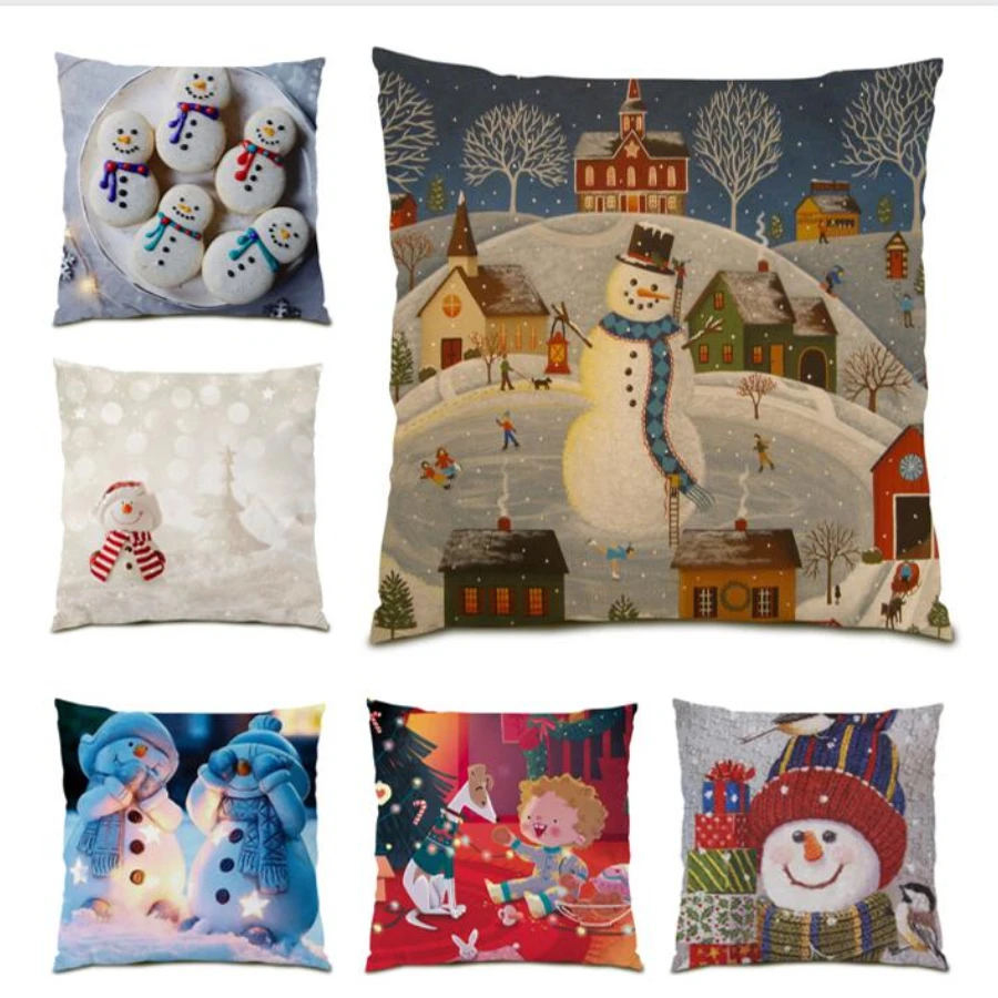 

New Polyester Linen Pillow Cover cartoon snowman Decoration Home Cushion Cover 45x45 Cartoon Living Room Decoration Velvet E0202