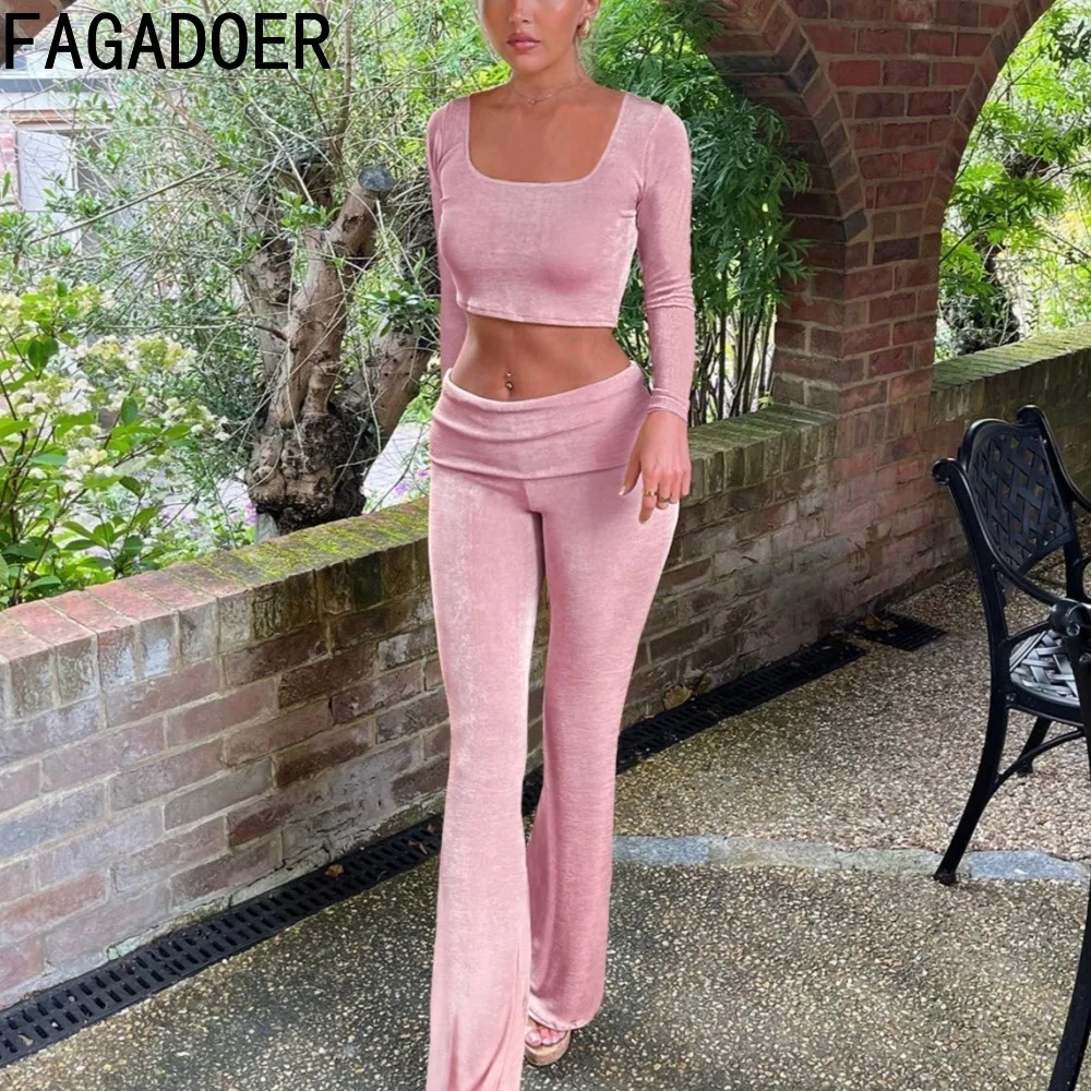 FAGADOER Fashion Streetwear Women Round Neck Long Sleeve Crop Top And Flared Pants Two Piece Set Autumn Casual Lady 2pcs Outfits