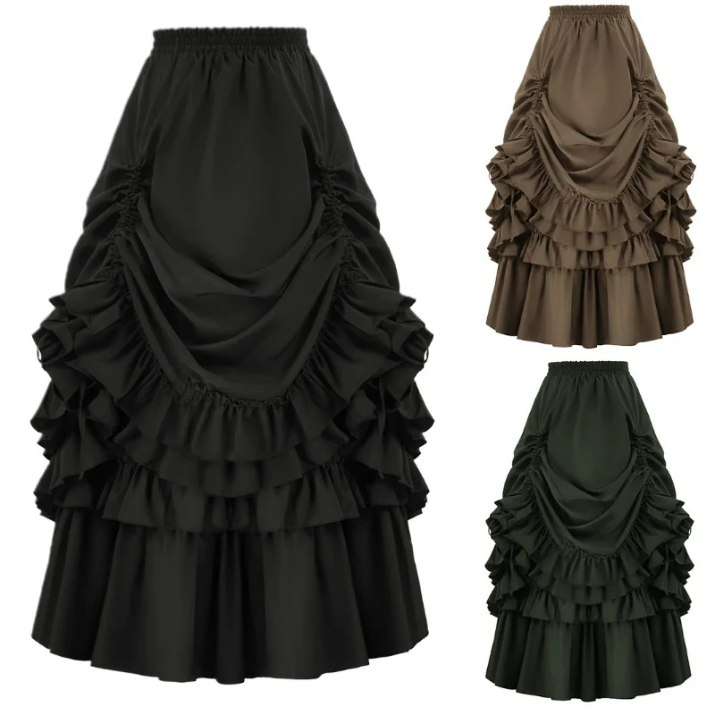 Women's Victorian Gothic Steampunk Skirt High-Low Bustle Ruffled Pleated Skirt Vintage Renaissance Costume Dance Party Skirts colori racy della pelle verniciata erotic lingerie hot donne night club costumi cotton blend pole dance costume free shipping