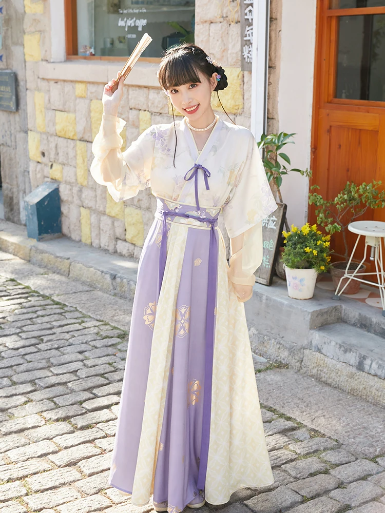 Chinese style round neck shirt waist-length Hanfu dress printing Tang Hanfu girl Korean national costume kimono performance suit