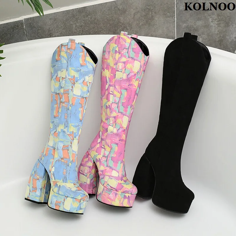 

Kolnoo New Elegant Style Handmade Womens Chunky Heels Knee Boots Muilticolored Leather Platform Boots Evening Fashion Prom Shoes