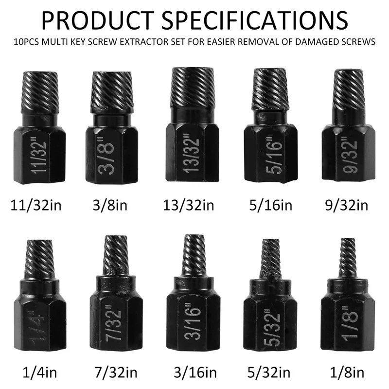 10PCS Screw Extractor Kit Alloy Steel Damaged Screw Remover Set Metal Easy Out Drill Bits Bolt Stud Multi-Spline Screw Extractor