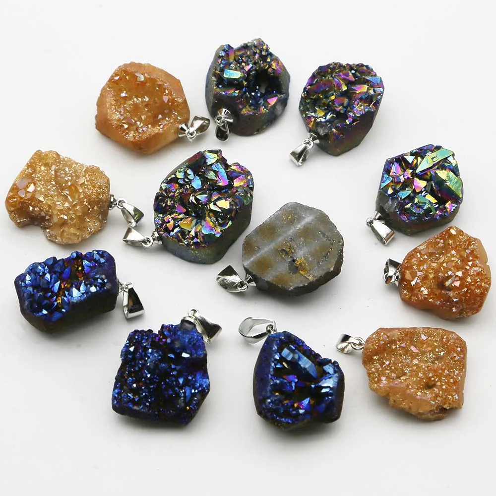 Natural Raw Ore Stone Electroplated Colorful Irregular Crystal Druse Pendant Necklace Fashion Charm Jewelry Gift Wholesale 12Pcs