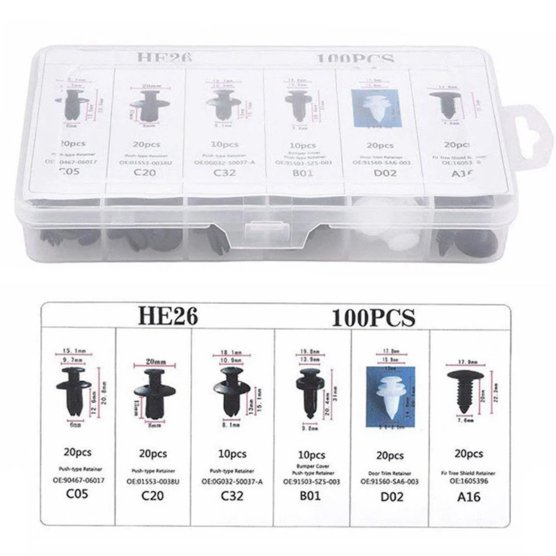 6 Sizes Auto Fastener Clip Plastic Clips Fasten Bumper Door Trim Fitting Disassembly Tool Remove Retain Rivets For Cars 100pcs