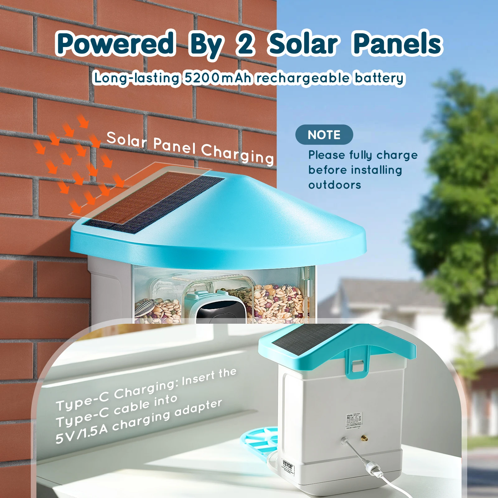VEVOR Smart Bird Feeder with Camera 2K HD AI Identify 10000+ Bird Species Solar-Powered Watching Camera with Auto Capture