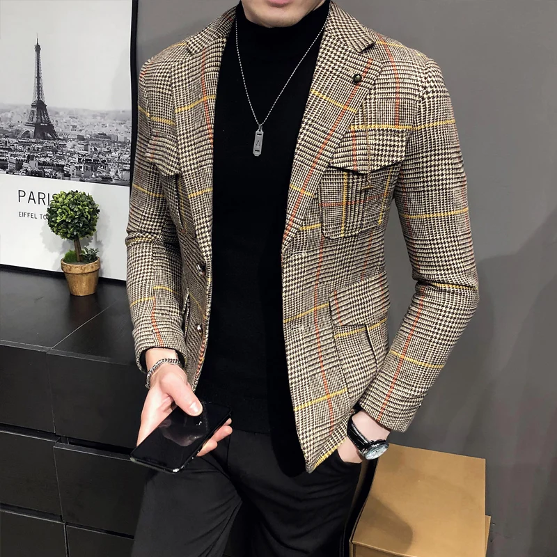 Men Blazers Spring Men Plaid Blazers British Printed Wedding Business Casual Blazer Suit Jacket Male Formal Blazers Plus Size S-3XL