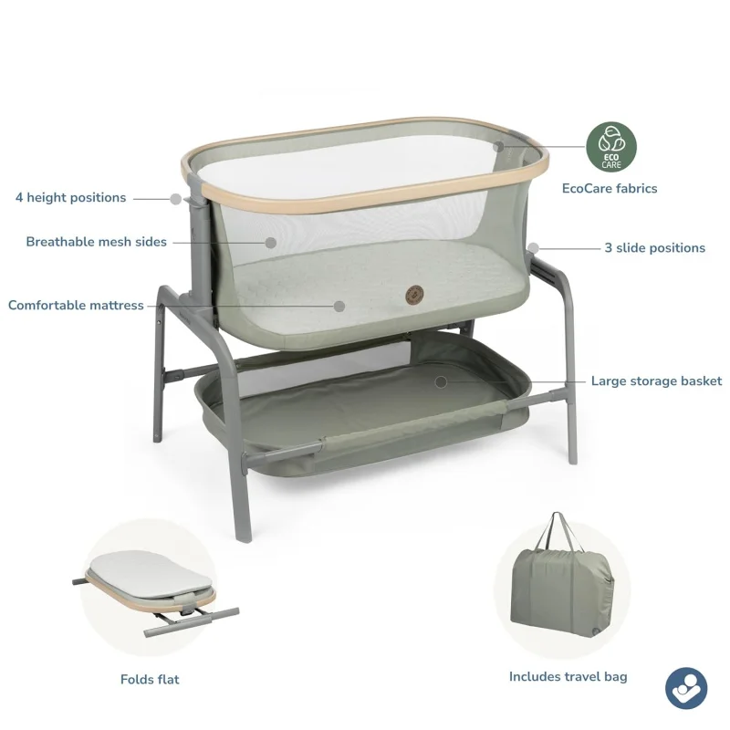 Iora Bassinet Classic Green: Portable Baby Bassinet, Infant Bedside Sleeper Crib, Height Adjustable, Breathable Mesh, Large Stor