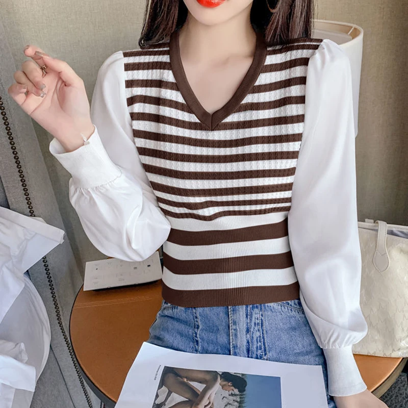

Biyaby Korean Striped V Neck Sweaters for Women 2022 Autumn Puff Sleeve High Waist Sweater Top Woman Knitted Patchwork Pullover
