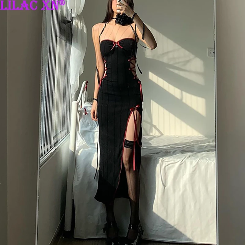 

Y2K Sexy Black Off Shoulder High Slit Bodycon Party Dresses Goth Irregular Long Sleeve Ruffle Long Dress Women Midi Dress