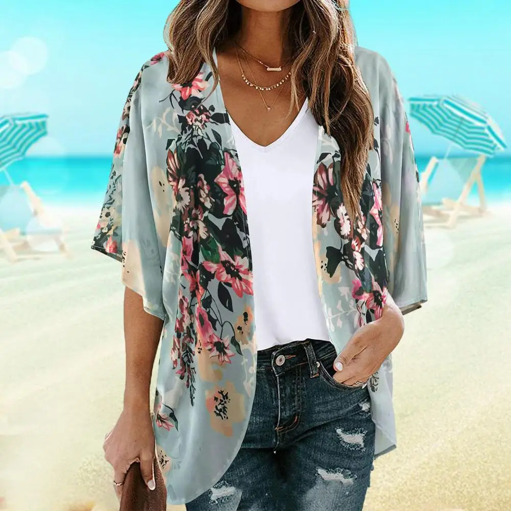 

Breathable Chiffon Cardigan Sun Protective Cover Up Flower Print Women's Beach Shirt Sun Protection Cover-up Top with for Lady