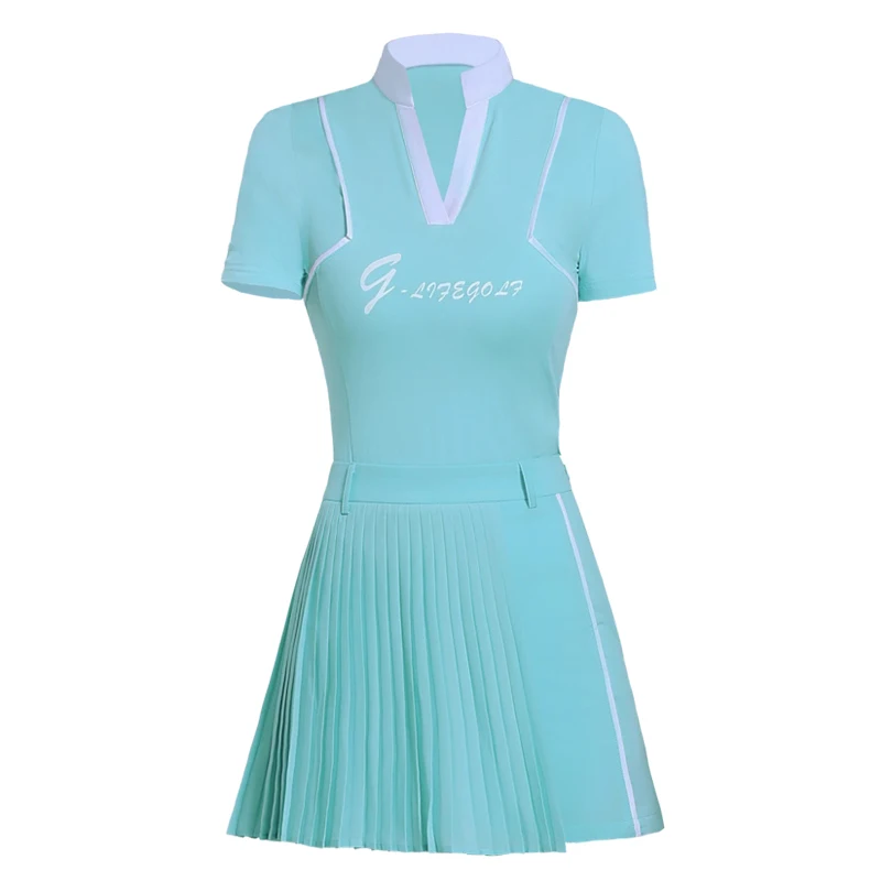GLIFE golf ladies suit slim-fit breathable top clothing set women short sleeve v-collar t-shirt high-waisted pleated skort