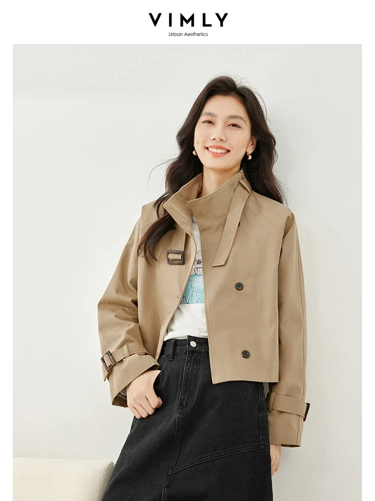 Vimly Khaki Cotton 100% Cropped Trench Coat New Single Breasted Loose Jacket for Women Spring Windbreaker Outerwear M5165