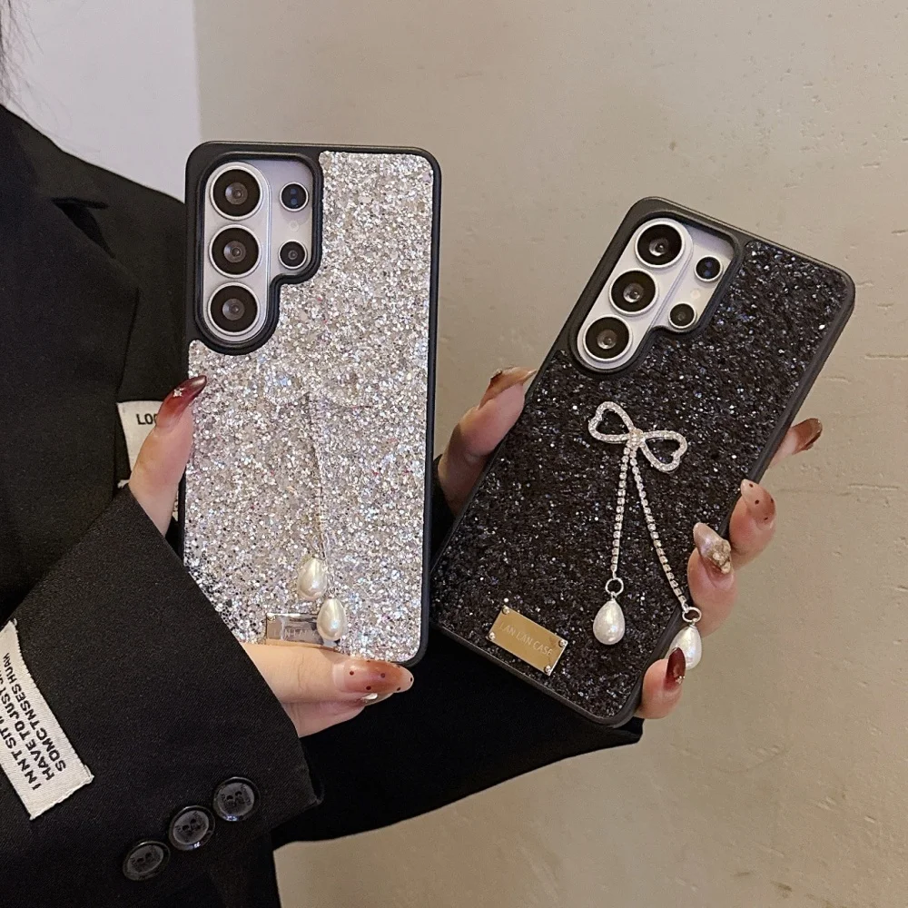 Elegant Diamond Bowknot Pearl Pendant Glitter Phone Case with Shockproof TPU Bumper