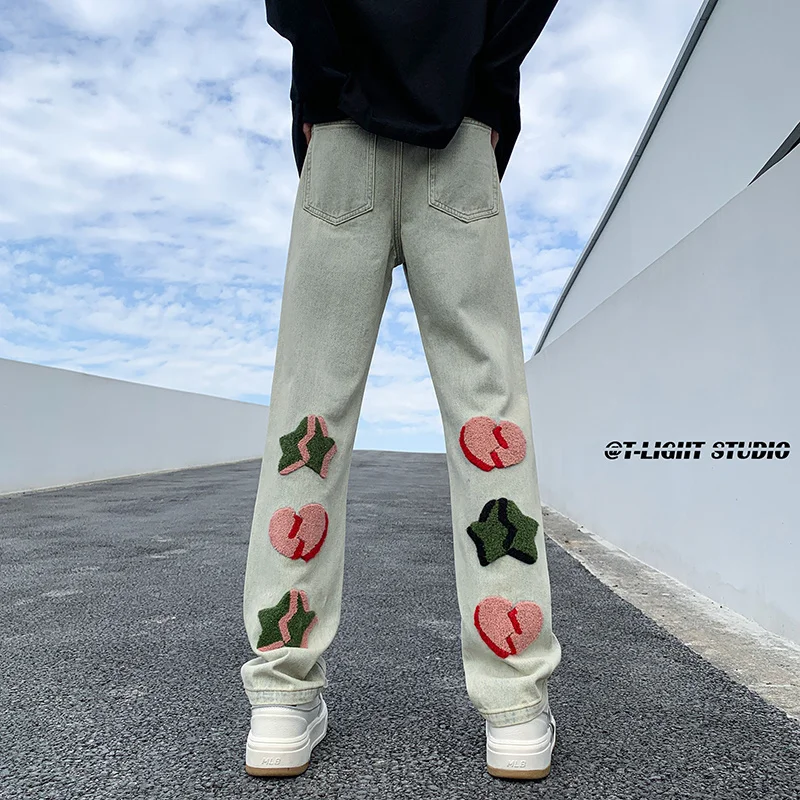 

Privathinker Embroidered Cute Graphic Ins Style Men Jeans Streetwear Loose Straight Hip Hop Male Denim Pants Unisex Y2k Trousers