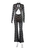 Solid Lace Jumpsuits For Women Fashion Sexy Club Long Sleeves O-Neck Hollow Out See Through Romper Female Streetwear Slim Fit - Image 6
