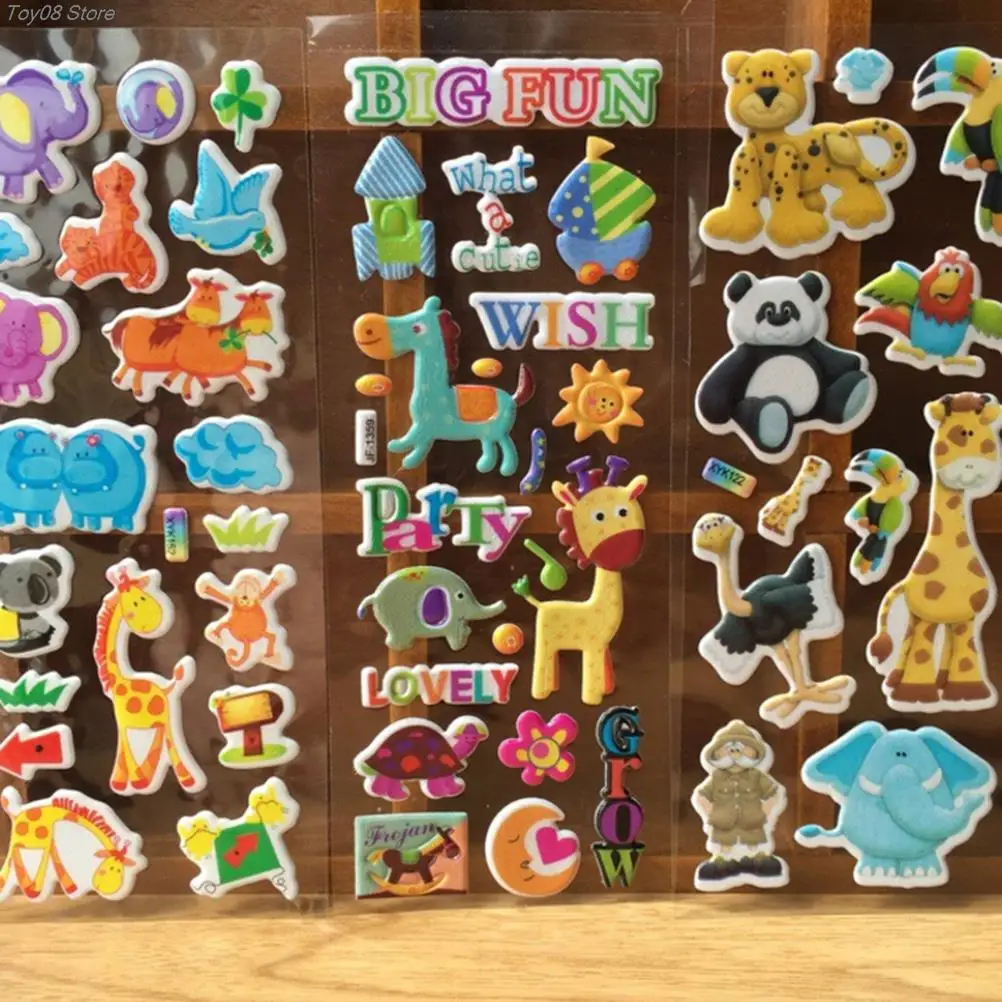 10 Sheets/lot 3D Cartoon Cute Animals Zoo 3D Stickers Children girls boys PVC Stickers Bubble Fashion Brand Kids Toys