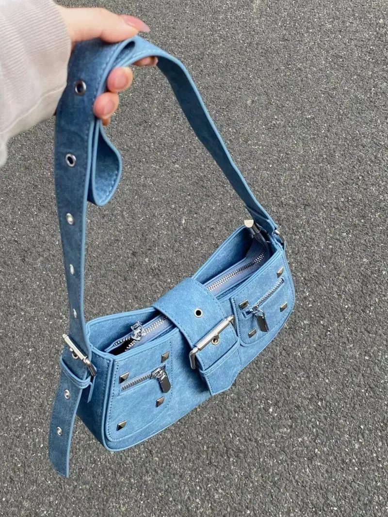 

2023 New Punk Rivet Shoulder Bags for Women Vintage Fashion Spicy Girl Y2k Denim Blue Versatile Commuter Underarm Crossbody Bags