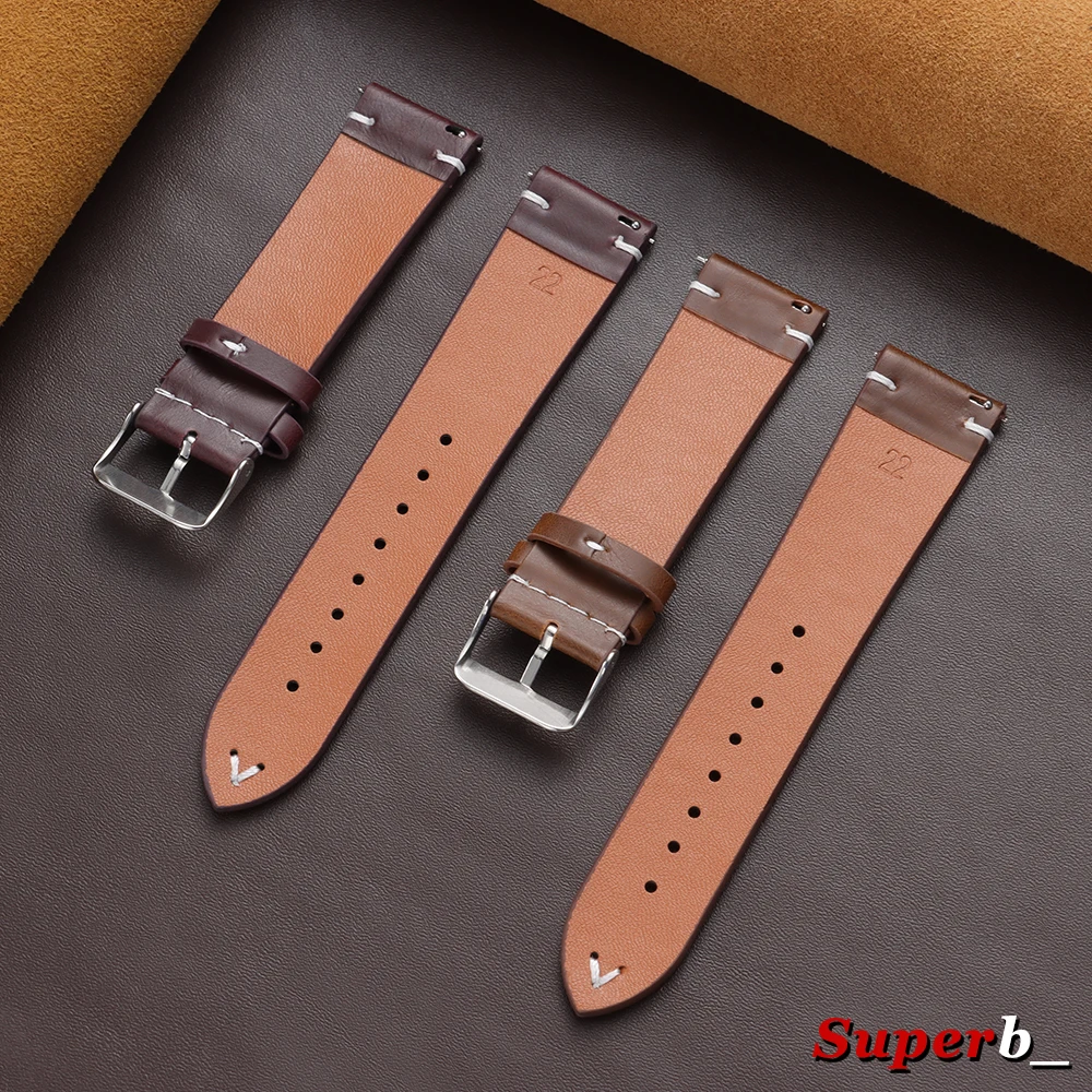 Vintage Brown Leather Watch Band with Quick Release Mechanism - Universal Lightweight Strap