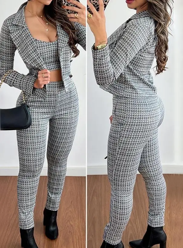 Houndstooth Printed Open Navel Top and Pants Set with Notched Collar Jacket 2023 New Fashion Hot Selling Women's Clothing mens zaful men s paris embroidered fuzzy polar fleece quarter zip stand collar pullover sweatshirt xl