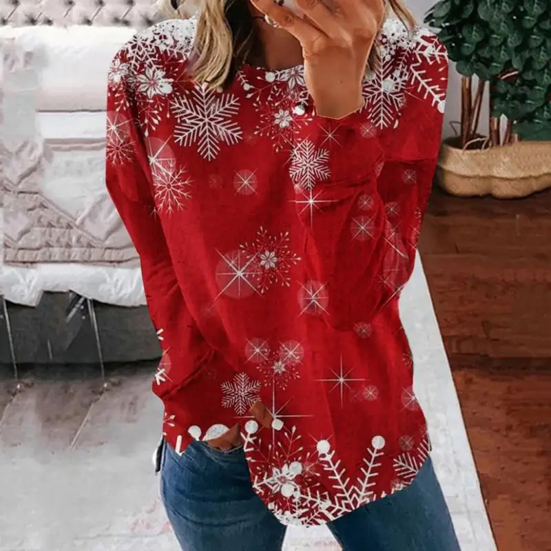 

Plus Size Women Long Sleeve Scoop Neck Christmas Floral Printed Top