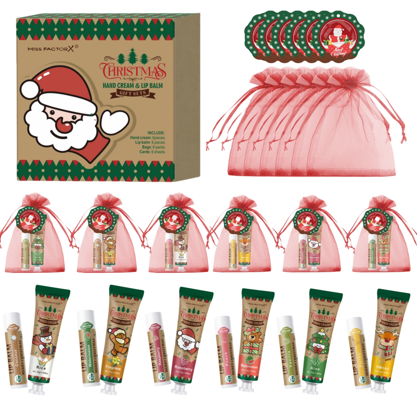 6 sets/box of Christmas gift sets, hand cream in bulk, lip balm in bulk 6 fragrances, including holiday cards and red gift bags