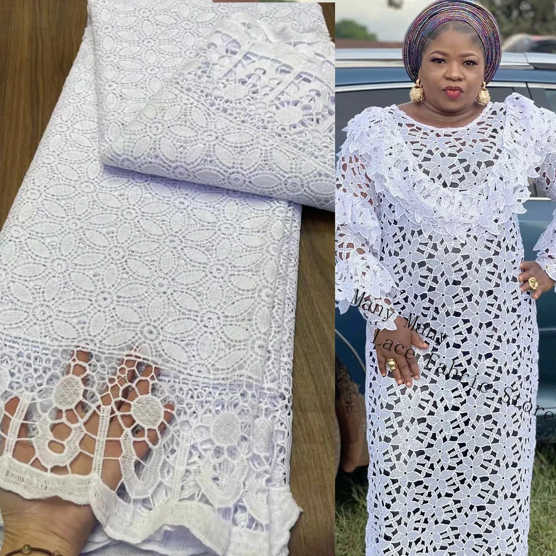 

Pure White Cotton Guipure Lace Fabric Nigerian Senegal Water Soluble Cord Lace High Quality 2022 Elegant Women Dress Material