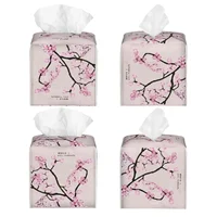 Custom Pink Floral Cherry Blossom Tissue Box Cover PU Leather Square Japanese Sakura Flower Facial Tissues Holder for Home 2