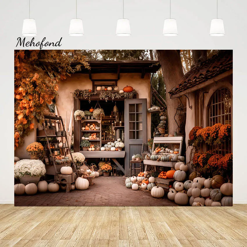 

Осенний Фотофон Mehofond для детского дня рождения с кленовыми листьями и изображением тыквы и деревянной двери