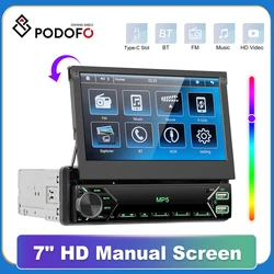 Podofo 1DIN 7" HD Manual Touch Screen Monitor Universal Car mp5 with Bluetooth FM Radio Receiver Support TF/USB Rear View Camera