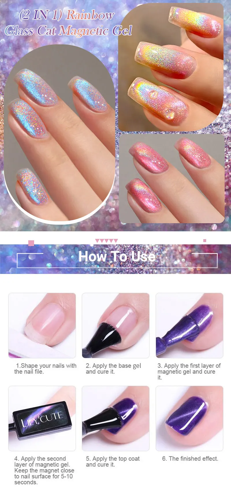 Description Picture 6 of itemLILYCUTE 7ML Sparkling Glitter Rainbow Cat Magnetic Gel Nail Polish 9D Colorful  Semi Permanent Soak Off Nail Art UV Gel Varnish