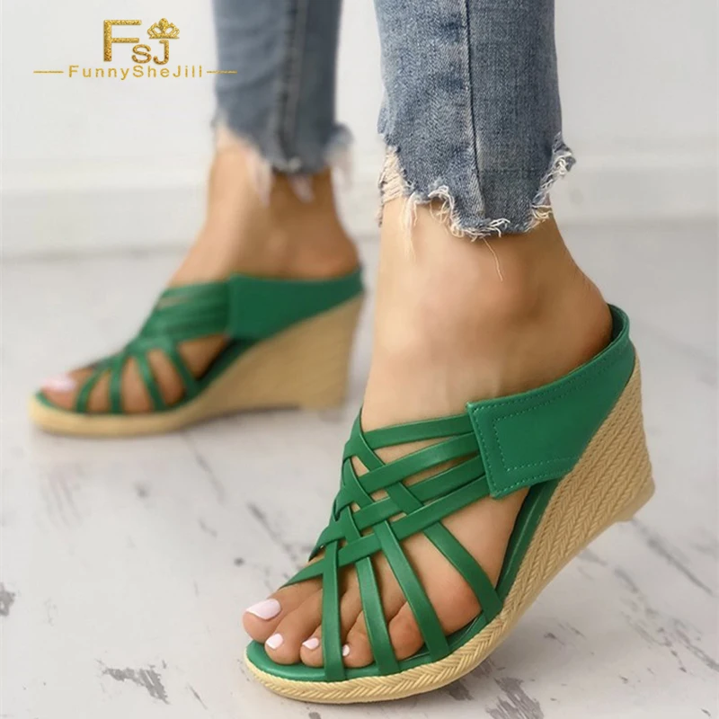 

Green Wedge Woven Sandals Open Toe Women'S Fashion Mules Sandals Plus Size 15 16