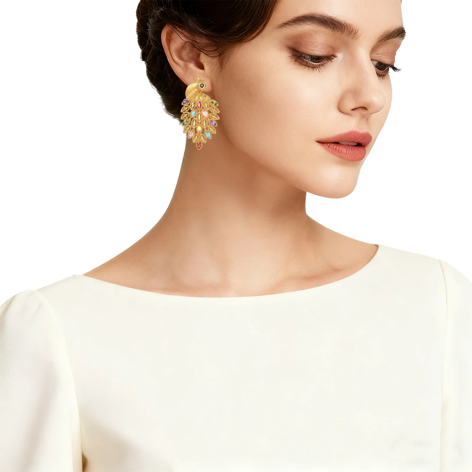 YTJX Luxus Bunte Zirkon Frauen Ohrringe Hight Qualität 18K Gold Überzogene Phoenix Geformt Große Ohrringe Für Party Schmuck Geschenke ﻿ – Detail 1