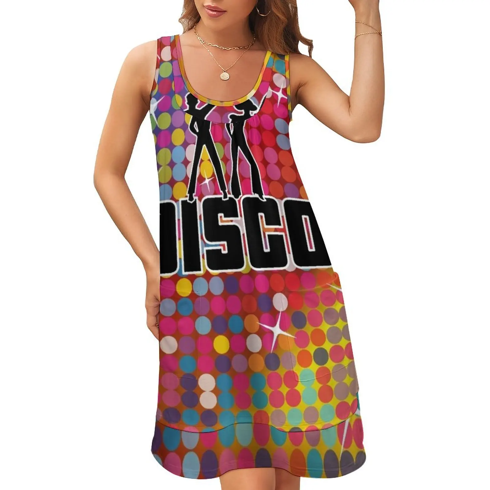 

Rainbow Glitter - Disco Ball Mosaics Sequin Pattern Sleeveless U-Neck Fake Two Piece Dress evening dresses women