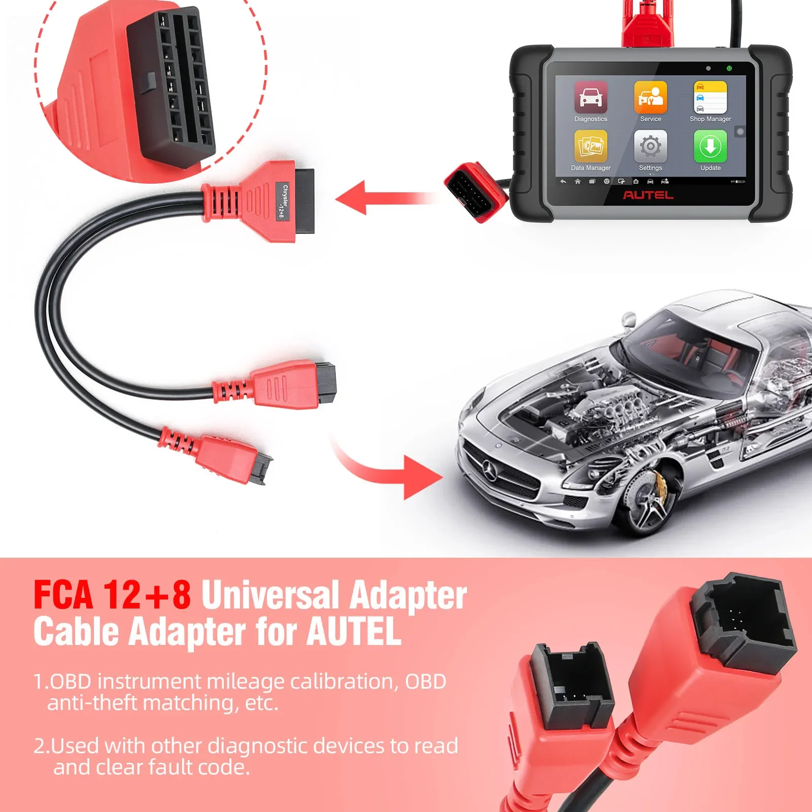 For Chrysler 12+8 OBD2 Adapter Cable Bypass SGW for Jeep Dodge Fiat Compatible with Autel DS808 IM608 MaxiSys Launch X431 Tools
