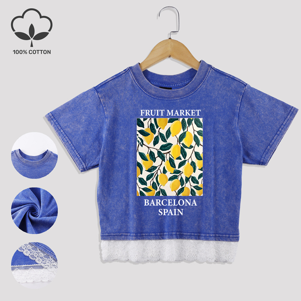 Fruit Market Barcelona Spain Prints Cotton Crop Tees Summer Lace Hem Washed T-Shirts Regular Fit Distressed Tops Casual Clothes