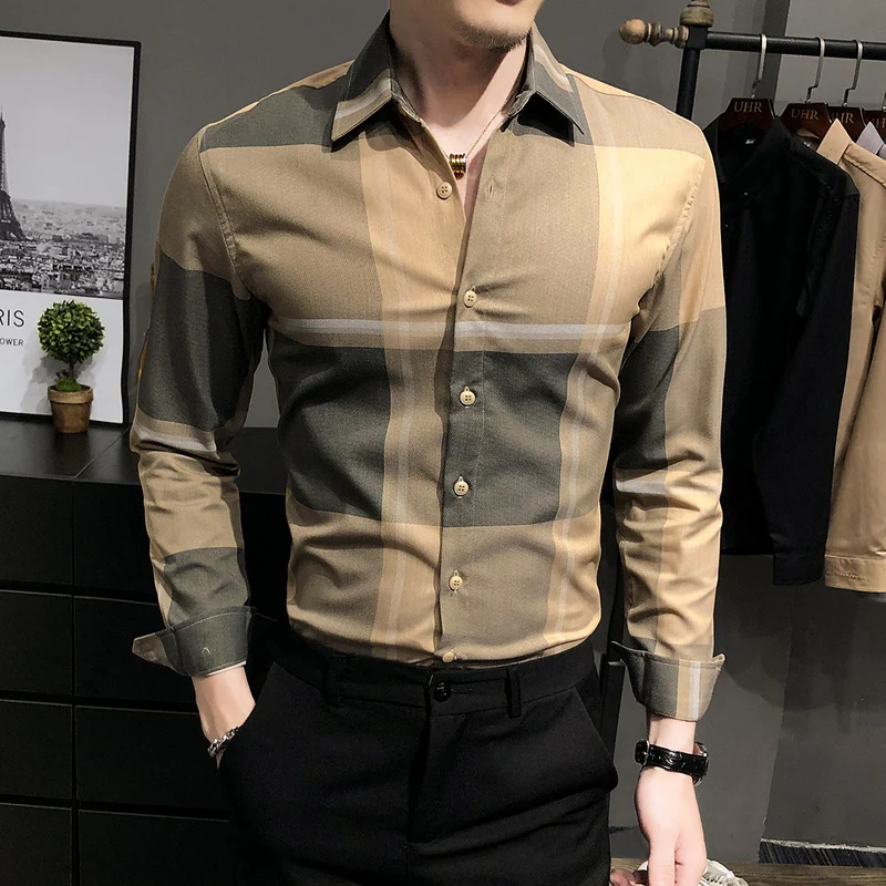 

Popular Logo Spring and Autumn Plaid Unironed Shirt for Men, Long Sleeves, Slim Body, Korean Version Trend, All-in-one Business