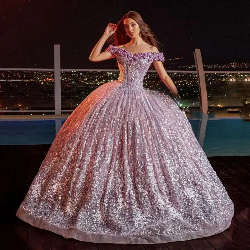 

Luxury Boat Neck Off The Shoulder Sequin Flowers Evening Dress 2024 Ball Gown Floor Length Sweep Train Tulle Quinceanera Dress