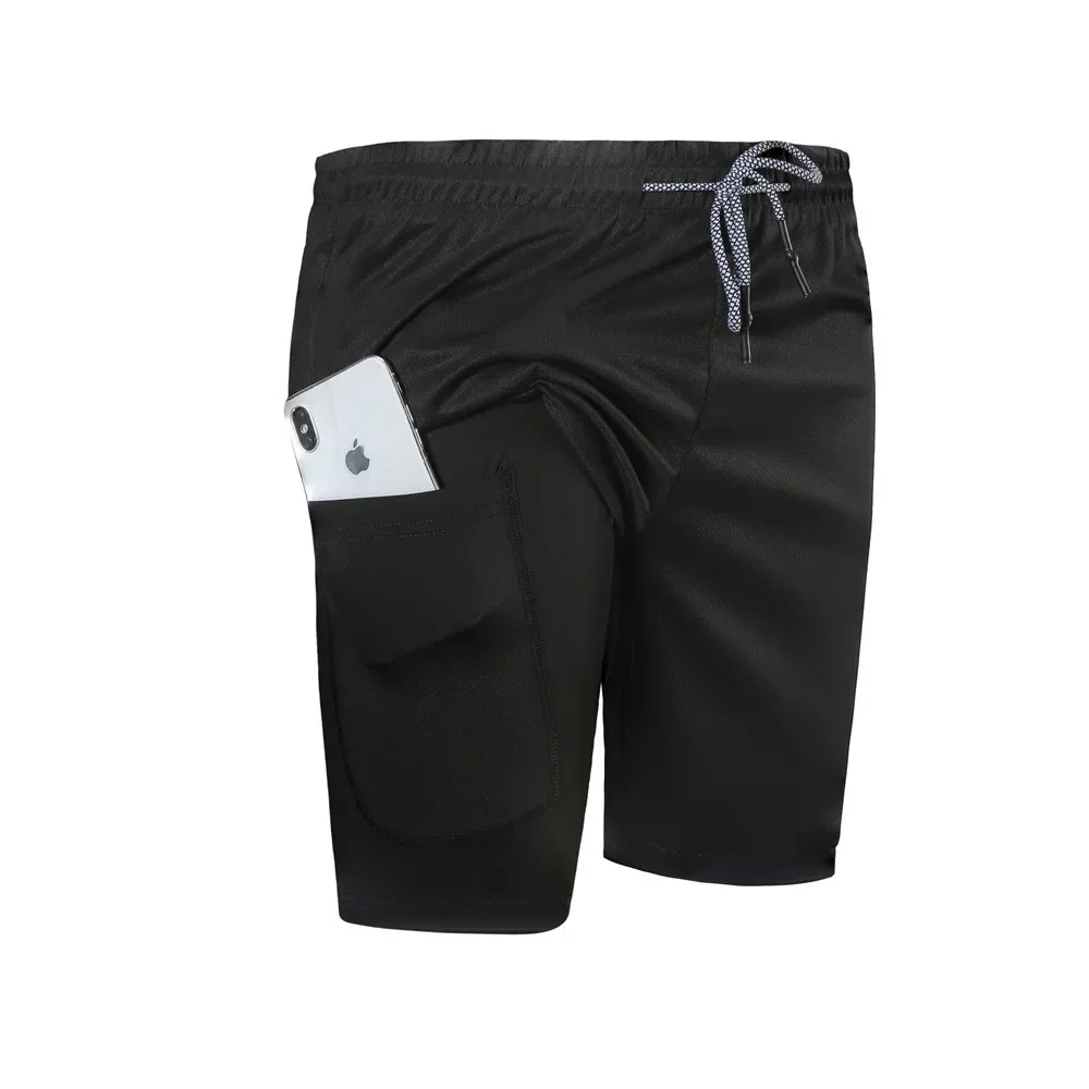 Men's Fitness Five-Quarter Shorts Double Layer Elastic Sports Running Training Shorts with Zipper Pocket by None( AE Stock)