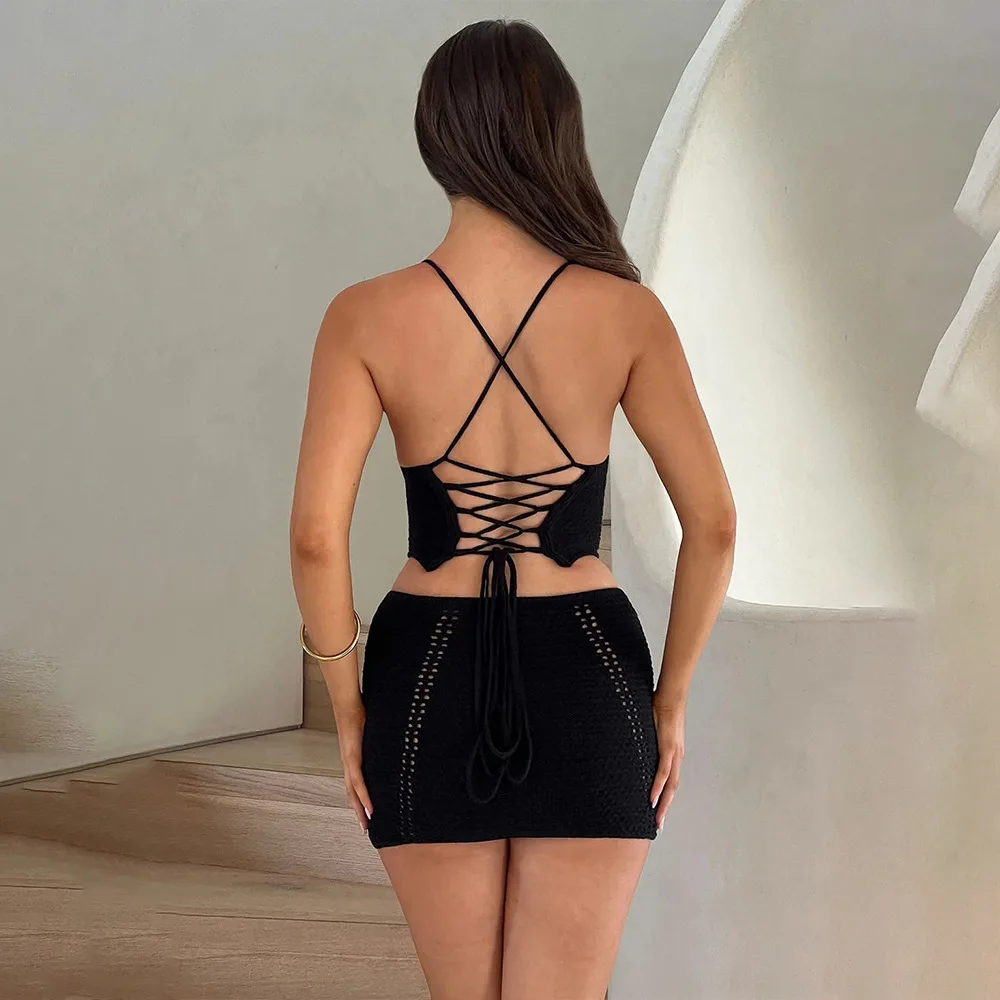 Women'S Skirts Set Summer Knitted Sexy Bodycon Halter Sleeveless Backless Lace-Up Tops Women Two Piece Lady Club Party Skirt Set