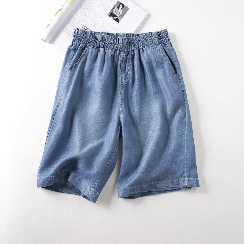 Casual All-match Female Wide Leg Denim Knee Pants Summer Women's Clothing Loose Fashion Button Spliced Elastic Waist Shorts