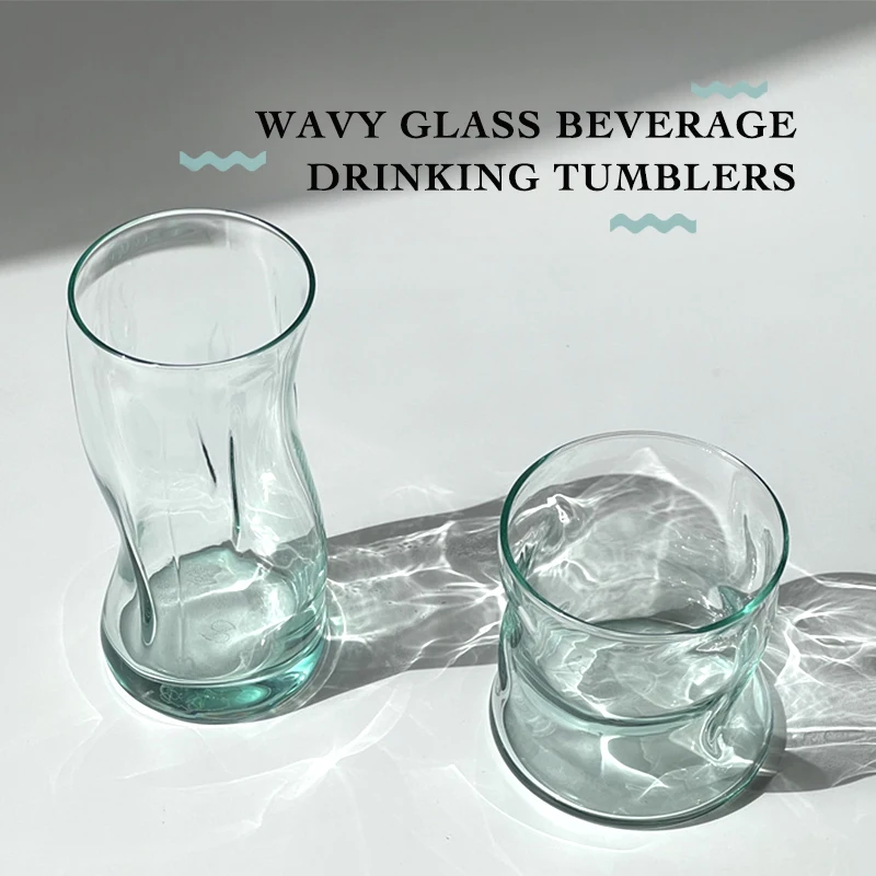 2PCS Green Wavy Glass Beverage Drinking Tumblers Colored Glass Home Coffee Juice Water Cup ,Clear/Turquoise Gradient,12-14oz