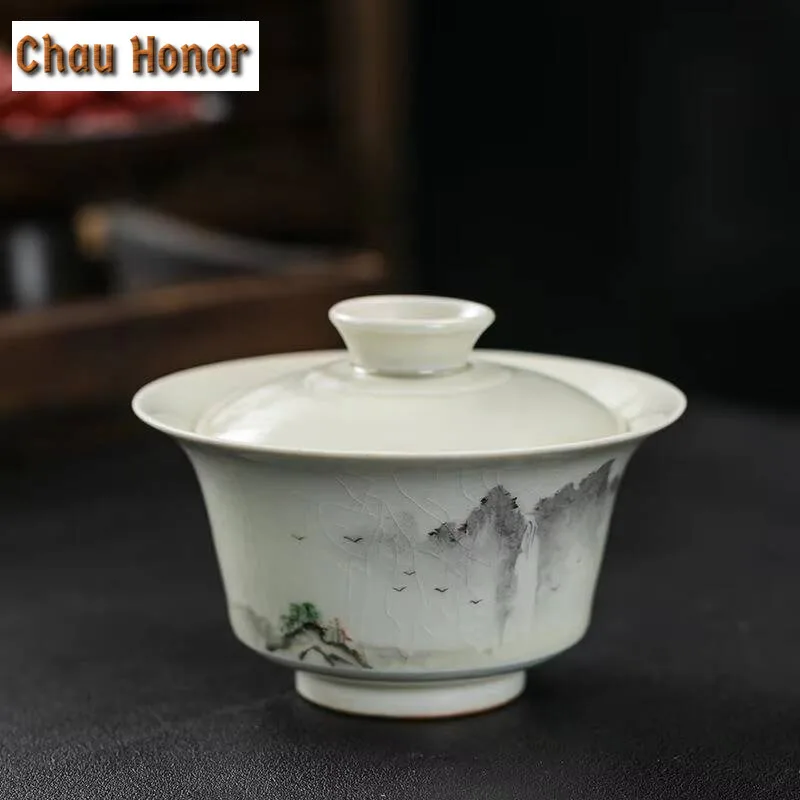 170ml Retro Grass Wood Gray Glaze Gaiwan Antique Landscape Anti Scalding Tea Tureen Tea Making Cover Bowl Teaset Ornaments Gift