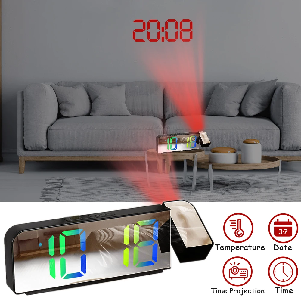 LED Digital Projection Alarm Clock Display Time with 180° Projector for
